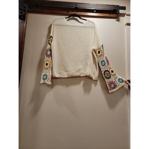 Pink Lily Sweater Large Cream Granny Square Flower Crochet Long Bell Sleeve Boho